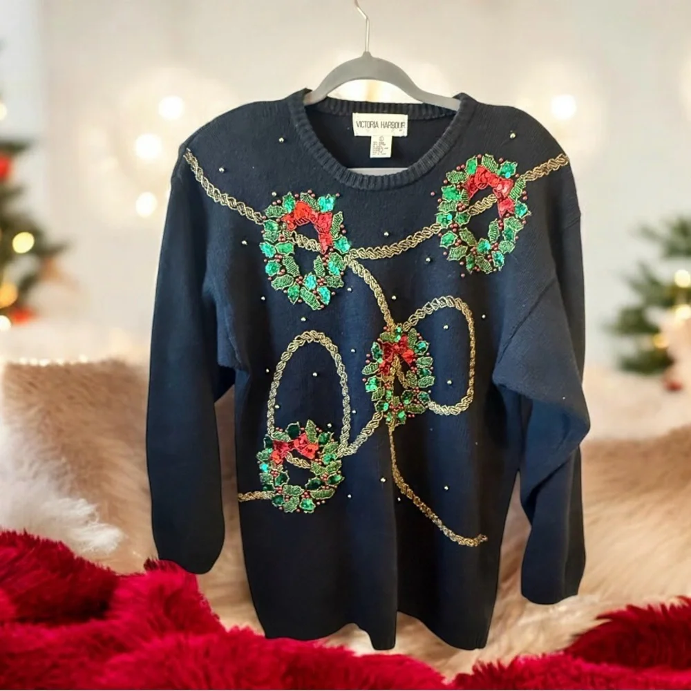 Vintage Holiday Victoria Harbour Sz L Christmas Wreaths Ugly Sweater Rare Beaded